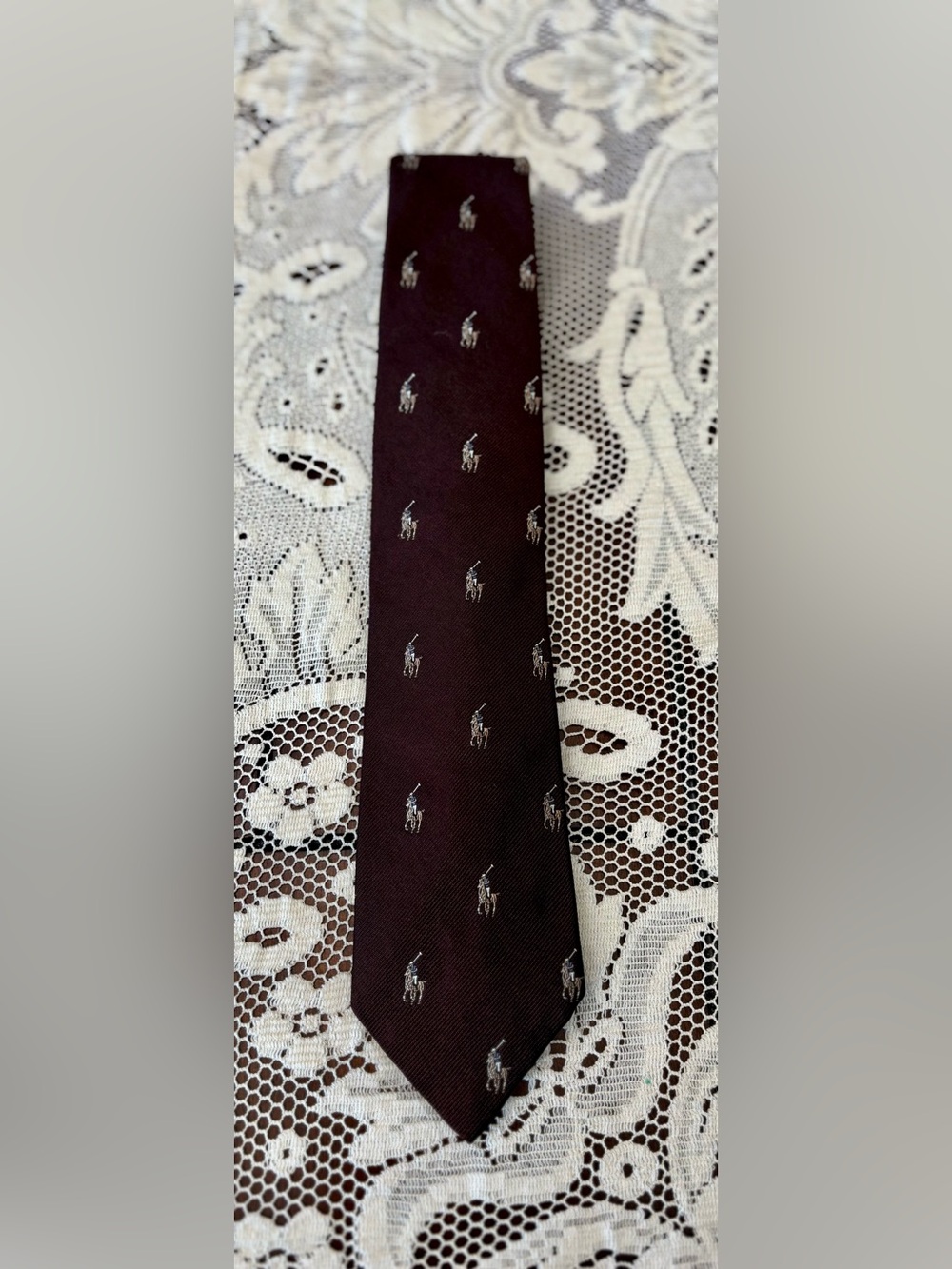 Super Rare VTG Polo Ralph Lauren Brown Silk Embroidered Pony Tie NWT 80s Holiday
